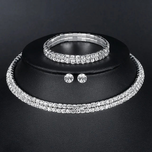 Luxury Round Crystal Jewelry Set for Women Charm Silver Color Bracelet Stud Earring Zircon Chain Necklace Wedding Party Jewelry