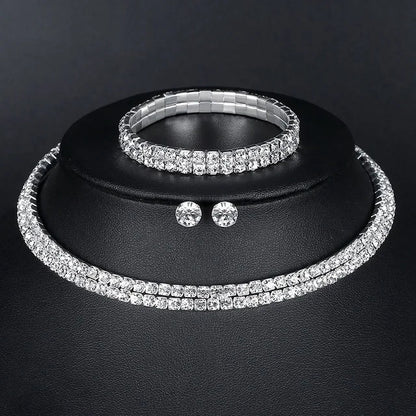Luxury Round Crystal Jewelry Set for Women Charm Silver Color Bracelet Stud Earring Zircon Chain Necklace Wedding Party Jewelry