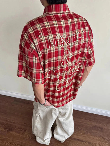 Trendy Pearls Stitching Shirts For Men 2025 Summer New Casual Plaid Shirt Mens Vintage Button-up Turn-down Collar Cardigan Tops