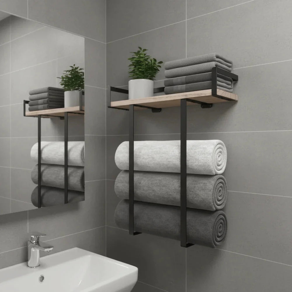 Wood and Iron Bathroom Shelf Rectangle Shape Rust Proof Shower Shelf Large Capacity Space Saving Wall Mounted Shelf