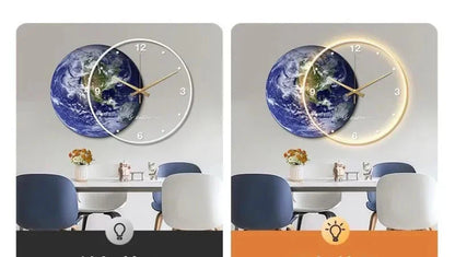 Large Wall Clock Luxury Dining Room Living Room Moon The Earth Modelling LED Light Silent Movement Bedroom Clock Wall Decoration