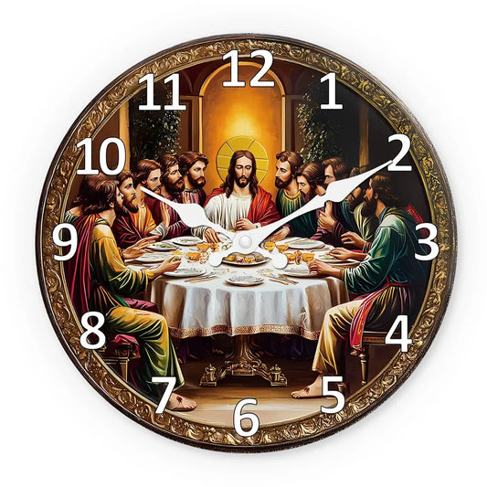 A Vintage Religious Wooden Wall Clock Called the "Last Supper, Suitable for Living Room, Bedroom, Kitchen, Home Decoration, Silent Quartz Clock, Holiday Gift, 10 Inches, 12 Inches, 14inch 16inch (Battery Not Included)