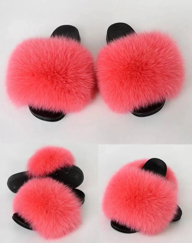 Summer Women Fur Slides Fluffy Furry Slippers Indoor Fuzzy Flip Flops Casual Outdoor Flat Ladies Fur Sandals Plush House Shoes