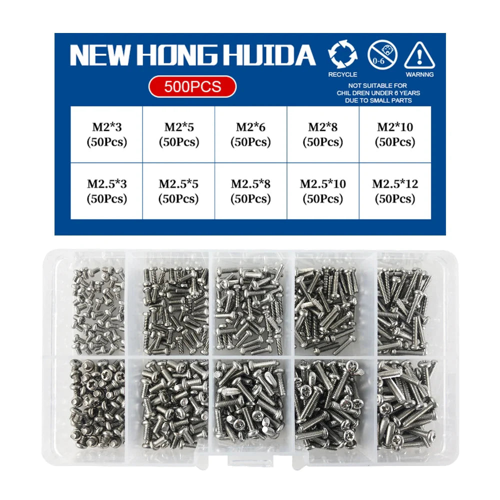M1 M1.2 M1.4 M1.6 M2.5 M3 304 Stainless Steel Round Head Cross Small Screw Set Metric Thread Machine Bolt Assortment Kit Set