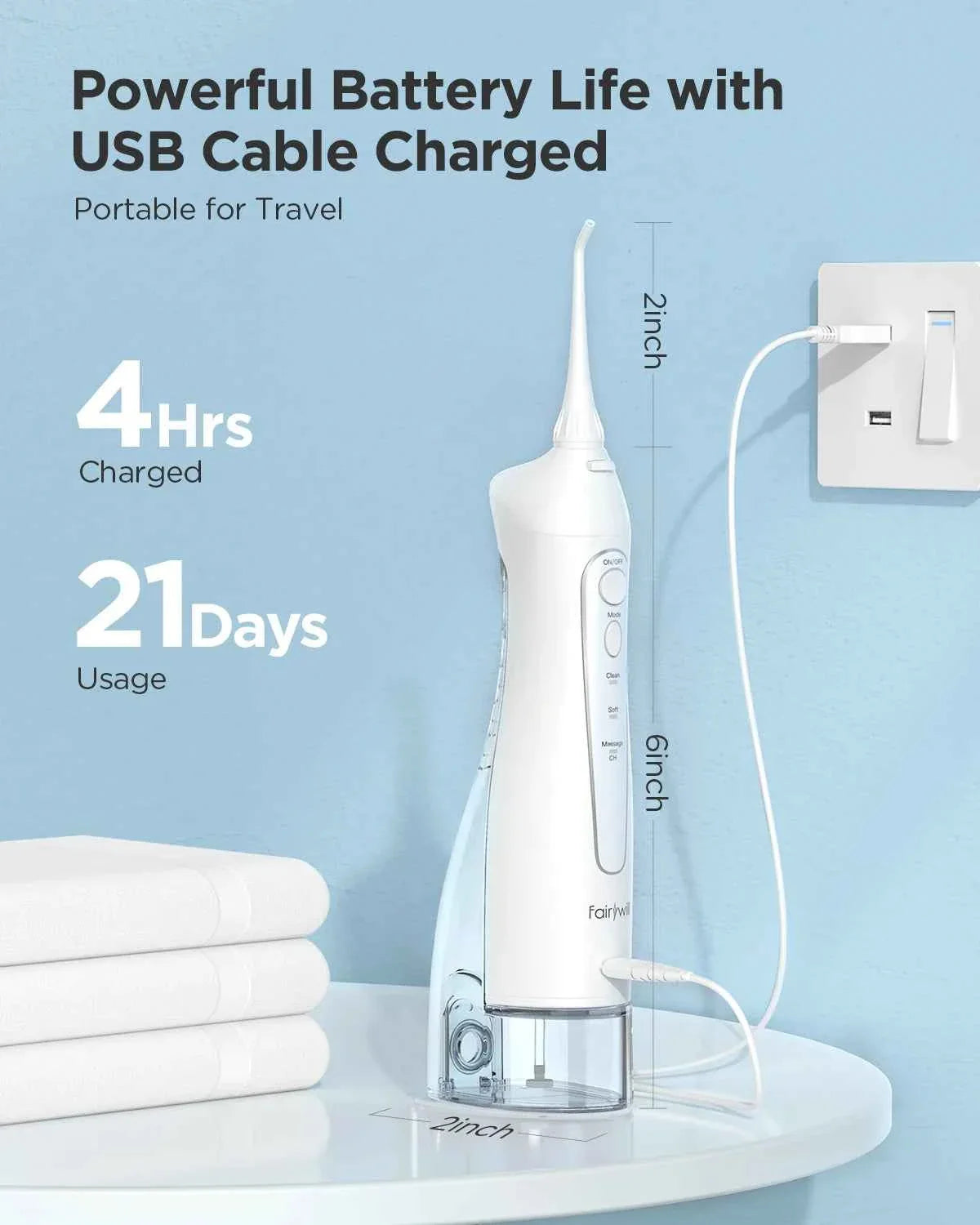 Fairywill Portable Oral Irrigator - 300ML Rechargeable Water Flosser with 3 Cleaning Modes