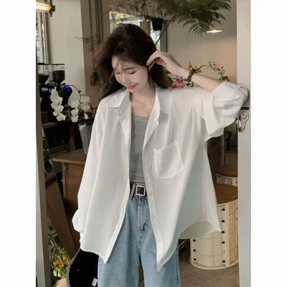 Sunscreen Shirt for Women in Summer New Polo Collar French Unique Loose Solid Color Long-sleeved Top Trendy