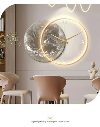 Large Wall Clock Luxury Dining Room Living Room Moon The Earth Modelling LED Light Silent Movement Bedroom Clock Wall Decoration