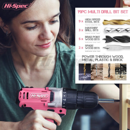 Hi-Spec 92-Piece Pink Home Tool Box Set, Multi-Function Hand Repair Kit with Hammer Cordless Power Drill Combo for Household DIY