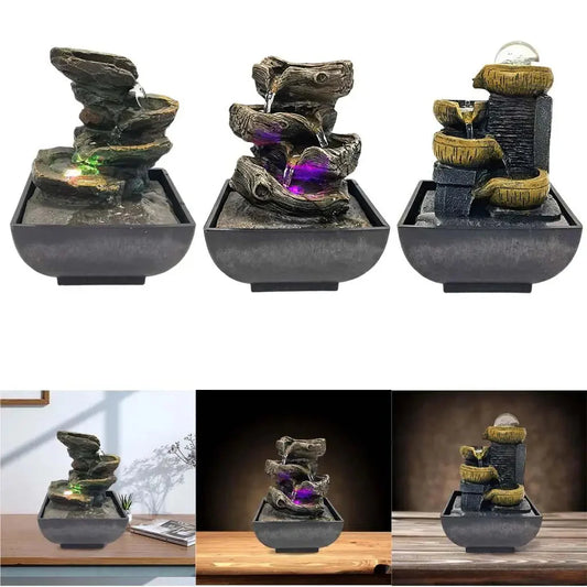 3-Tier Desktop Water Fountain Decor W/LED Plug Type US Portable Indoor Decorative Accent Tabletop Zen Meditation Waterfall Kit H