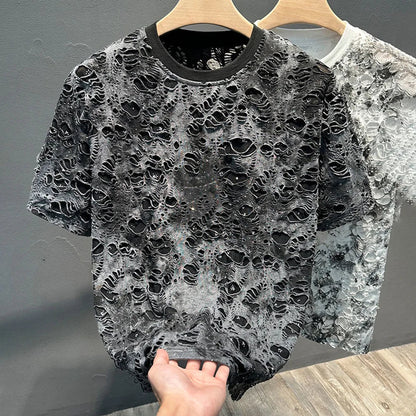 Mens T-Shirts Casual Tie-Dye Ripped T-Shirts Summer Niche Lightweight Unique Versatile Fashion Short Sleeve Tops Men'S Wear 2024
