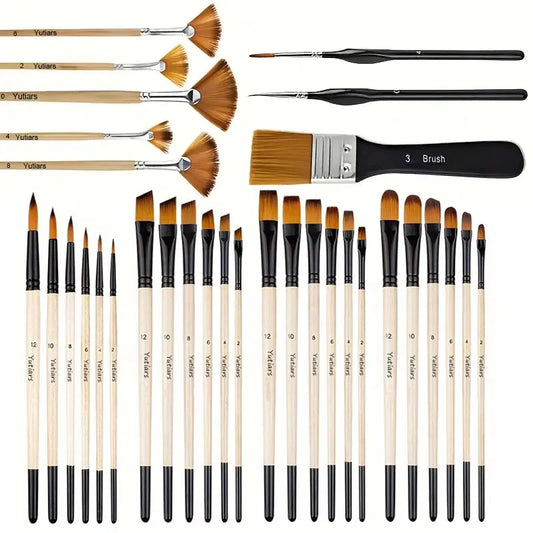 32-Piece Deluxe Multi-Purpose Art Paintbrush Set, Professional Fine Artist Wood Handle Brushes for Acrylic, Oil, Watercolor Pain