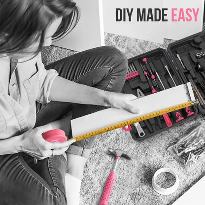Hi-Spec 92-Piece Pink Home Tool Box Set, Multi-Function Hand Repair Kit with Hammer Cordless Power Drill Combo for Household DIY