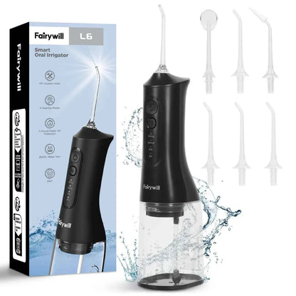 Fairywill Portable Oral Irrigator - 300ML Cordless Water Flosser with 6 Jet Nozzles