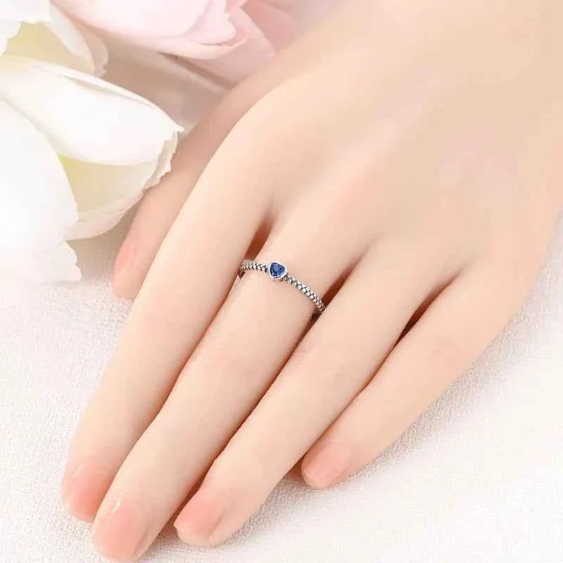 VAMO Original 925 Sterling Silver Woman Ring Vintage Dew Pearl Blue Heart Rings Sparkling Wedding Ring Girls Jewelry Anniversary