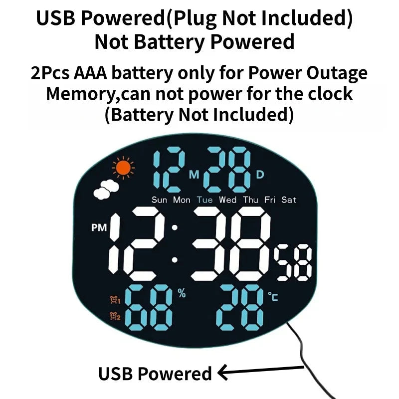 Large Digital Wall Clock Weather Station Forecast TEMP Humidity Date Week Night Mode Table Clock 2 Alarm 12/24H LED Alarm Clock