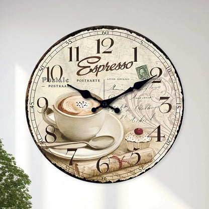 European Retro Coffee Cup Pattern Wooden Wall Clock for Living Room, Bedroom, Kitchen, Home Decoration, Silent Quartz Clock, Holiday Gift, 10 Inches, 12 Inches (No Battery)