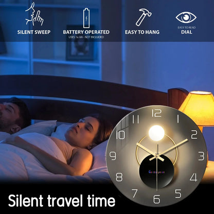 Light Luxury Simple Light and Shadow Flat Pattern Tempered Glass Wall Clock Living Room Bedroom Kitchen Home Decoration Wall Clock Silent Quartz Clock Holiday Gift 12 Inches 14 Inches 16inch (Without Batteries)