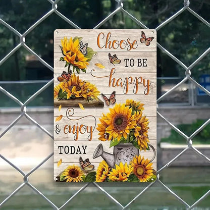 Rustic Iron Wall Sign | Vintage Sunflower & Butterfly | 'Choose to Be Happy' Motivational Quote | 8x12 Inch Metal Art