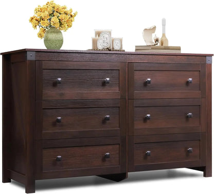 Farmhouse 6 Drawer Dresser for Bedroom, 53.07'' Wide Wood Dresser, Storage Organizer with Double Rustic Handle, TV Stand for 60