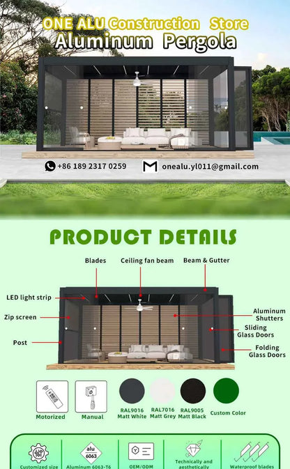 3x4m Motorized Aluminum Pergola - Waterproof Gazebo with LED Lighting & Roller Shutters