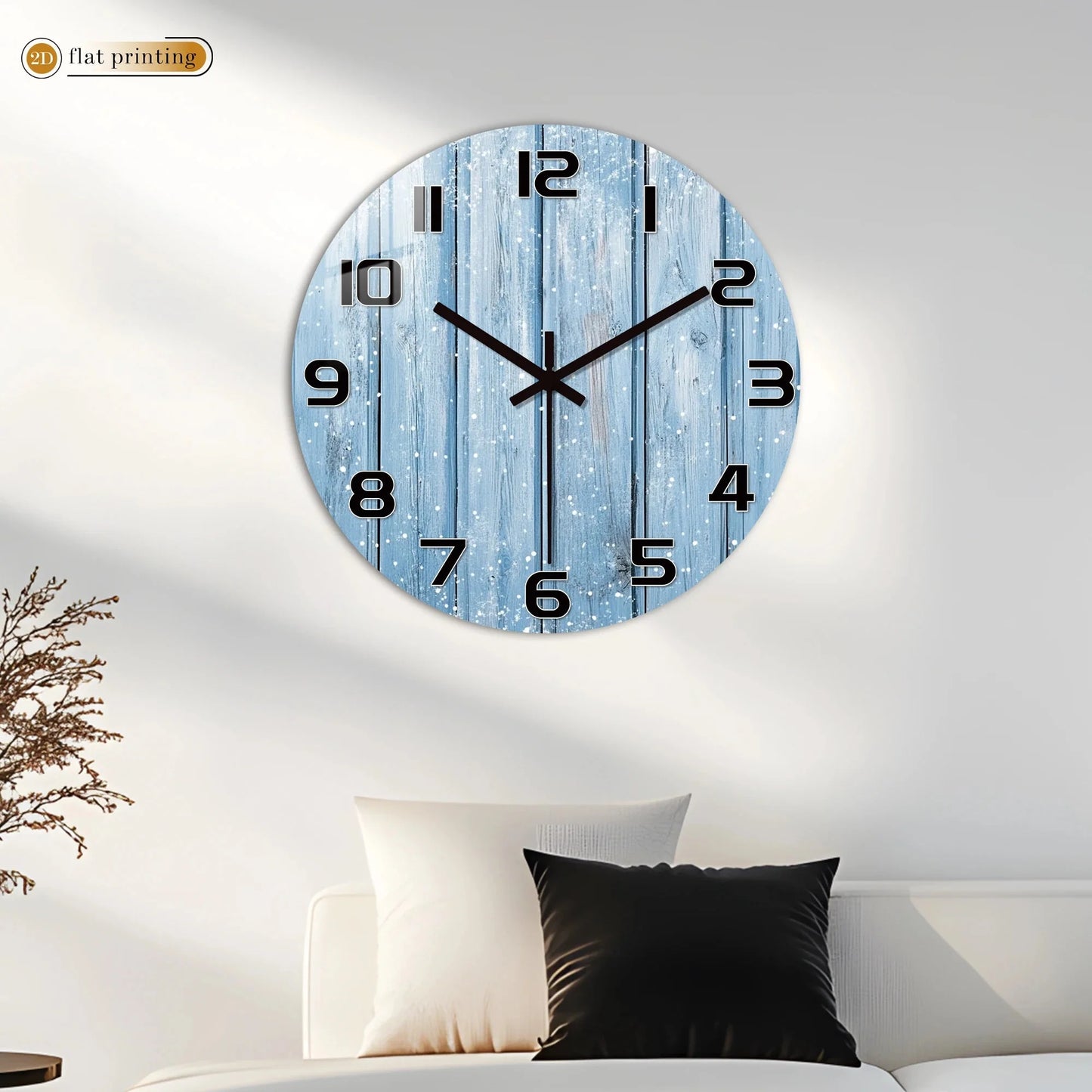 Rustic Blue Wooden Plank Wall Clock with Snowflakes, Winter Theme Home Office Decor, Silent Quartz Movement Decorative Design