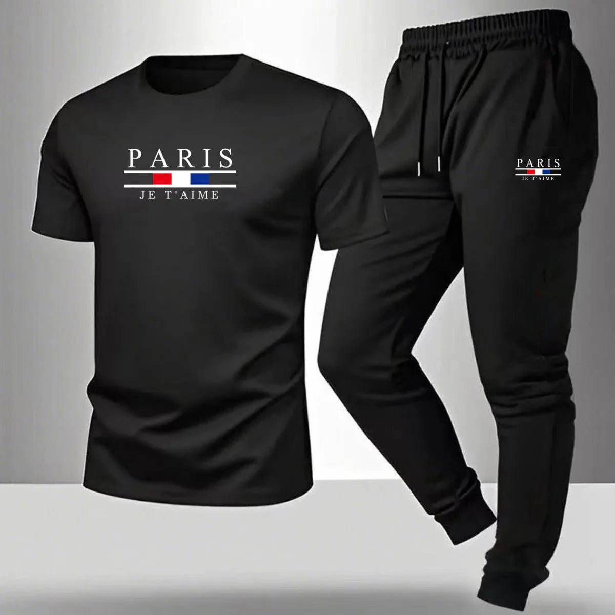 2026 NEW Men's Summer Casual Pants+Short Sleeve T-shirt Set Paris Paris Paris Printed Two Piece Set Men's Sports Set