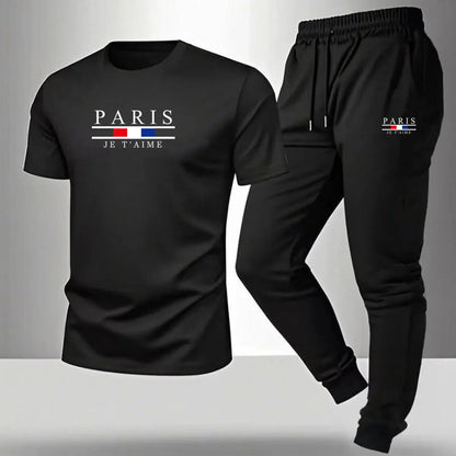 2026 NEW Men's Summer Casual Pants+Short Sleeve T-shirt Set Paris Paris Paris Printed Two Piece Set Men's Sports Set