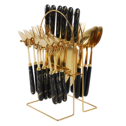 24-Piece Stainless Steel Silverware Set with Vertical Hanging Storage Rack - Mirror Polished Flatware