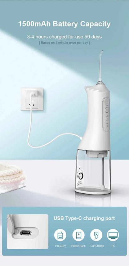 Fairywill Portable Oral Irrigator - 300ML Cordless Water Flosser with 6 Jet Nozzles
