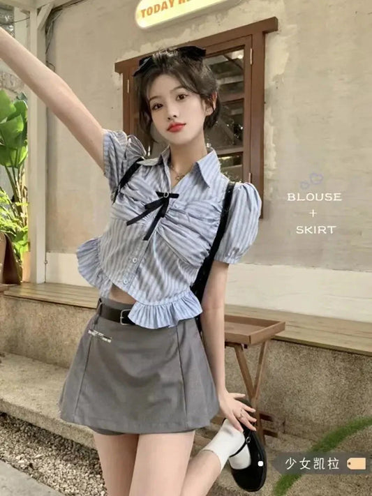 Bow-rinked Striped Shirt for Women Summer French Sweet and Spicy Puff Sleeve Shirt Short Short Sleeve Top