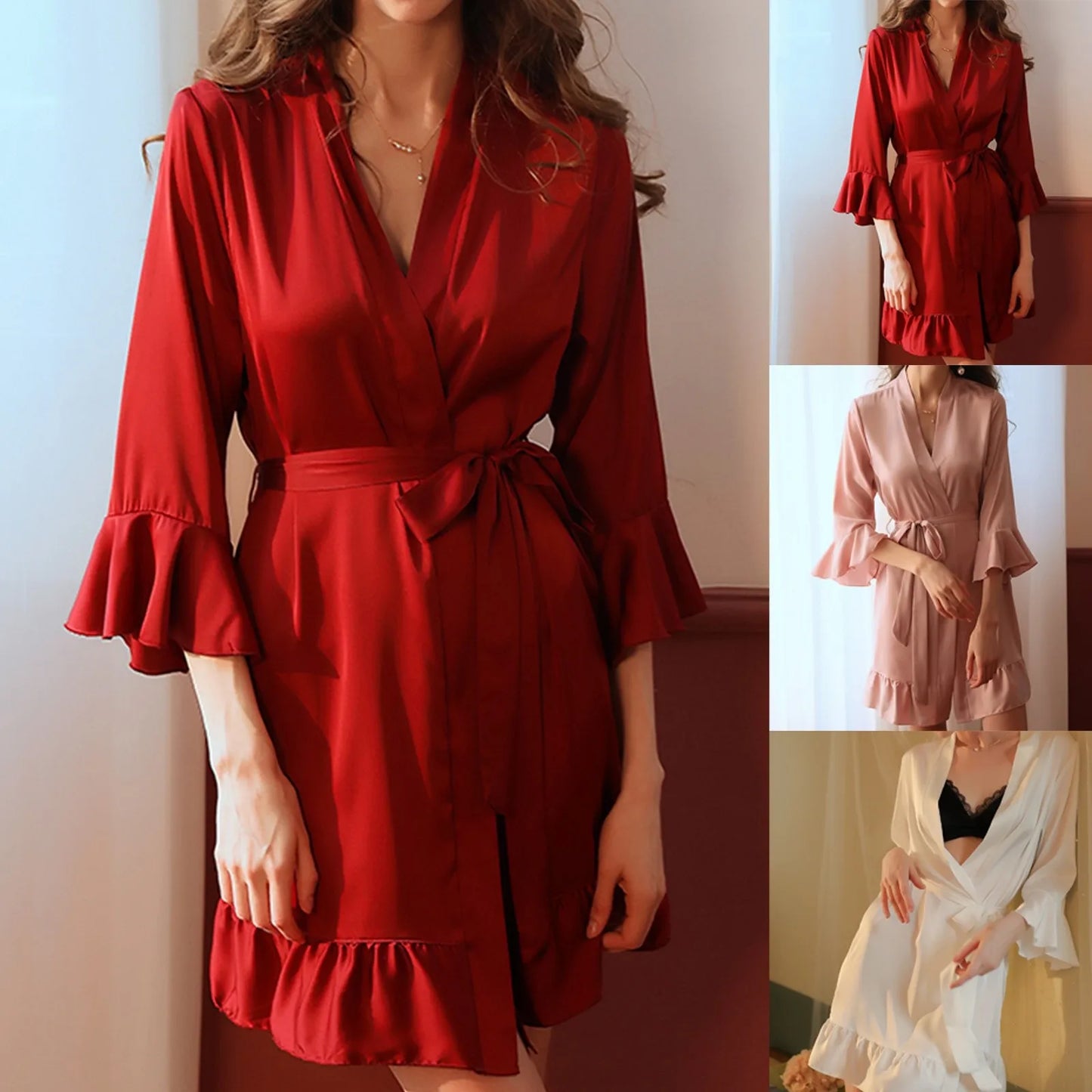 Sexy Flare Sleeve Kimono Gown Women Wedding Robe Silk Rayon Home Dress Elegant Ruffle Sleepwear Cozy Nightgown Intimate Lingerie
