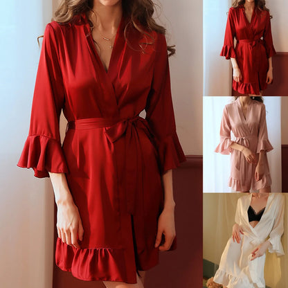 Sexy Flare Sleeve Kimono Gown Women Wedding Robe Silk Rayon Home Dress Elegant Ruffle Sleepwear Cozy Nightgown Intimate Lingerie