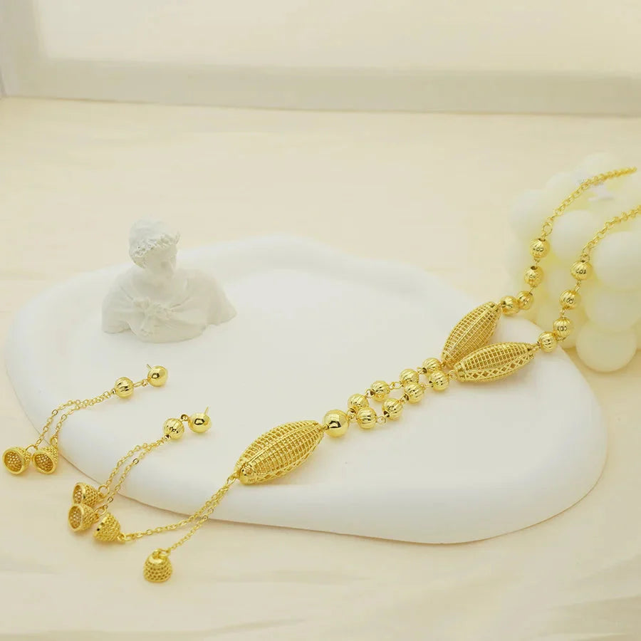 24K gold-plated two-piece jewelry set, Dubai jewelry, India, twisted geometric necklace earrings, bridal party gift