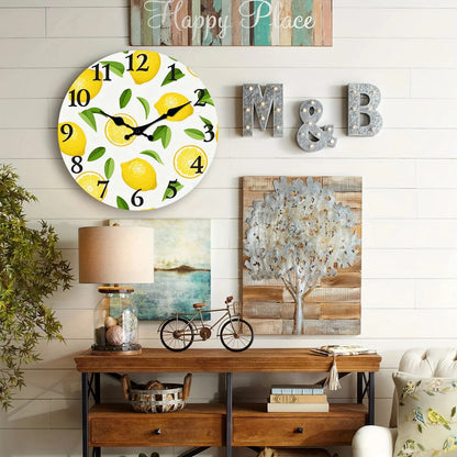 1pc wooden wall clock, yellow lemon and green leaf design wall clock, family mute clock, living room bedroom study decoration