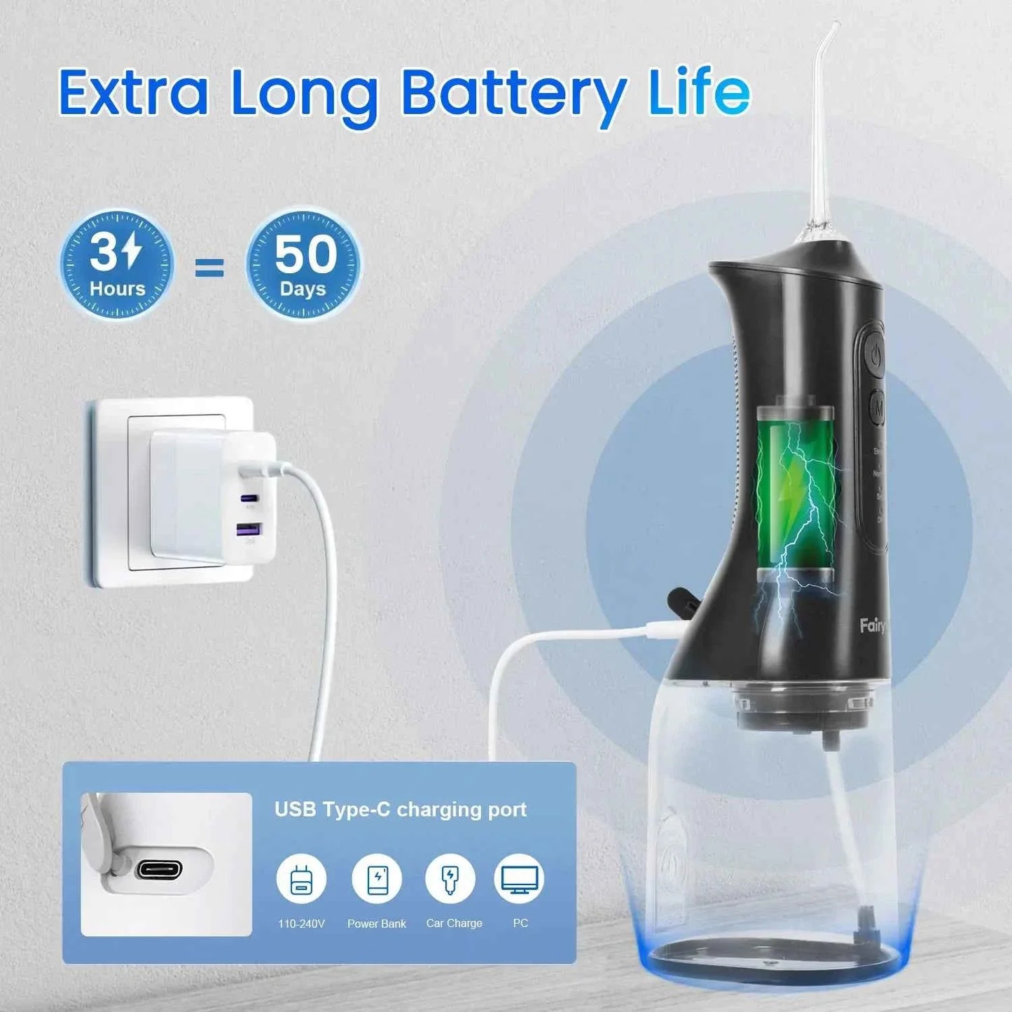 Fairywill Portable Oral Irrigator - 300ML Cordless Water Flosser with 6 Jet Nozzles