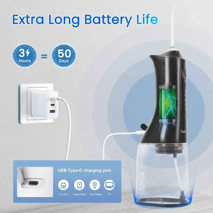 Fairywill Portable Oral Irrigator - 300ML Cordless Water Flosser with 6 Jet Nozzles