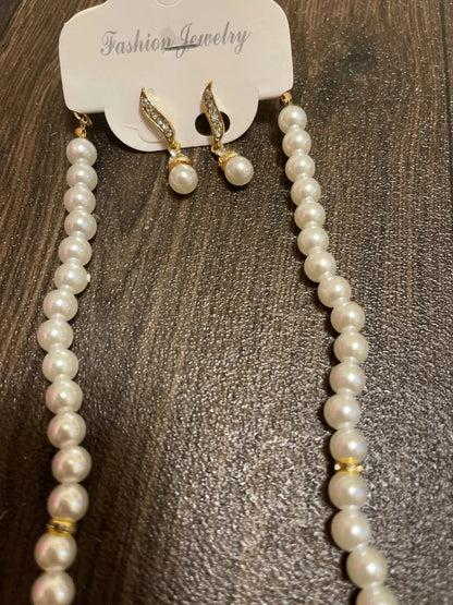 Women's 2 Piece Jewelry Sets One Gold Color Necklace + 1 Pair Earrings Wedding Bridal Pearl Elegant Decoration Pendientes Gifts