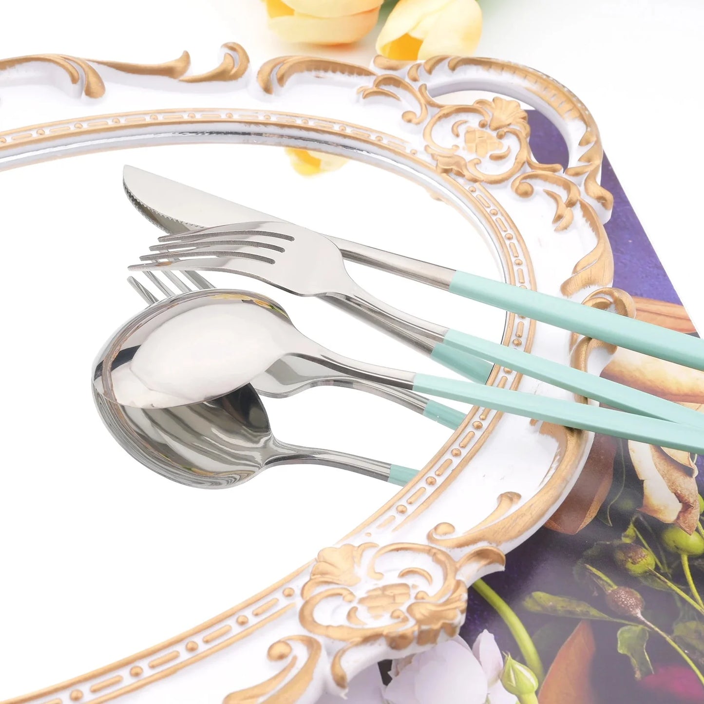 Western Purple Silver Tableware New Dinnerware Set 4Pcs Stainless Steel Kitchen Knife Fork Spoon Complete Cutlery Flatware Set