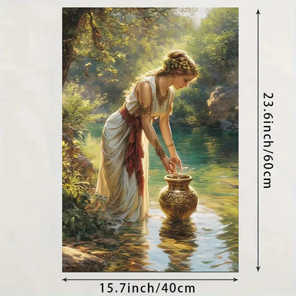 Elegant 3D Hand-Painted Canvas Oil Painting - Serene Forest Scene with Woman & Golden Vase, Abstract Home Wall Art
