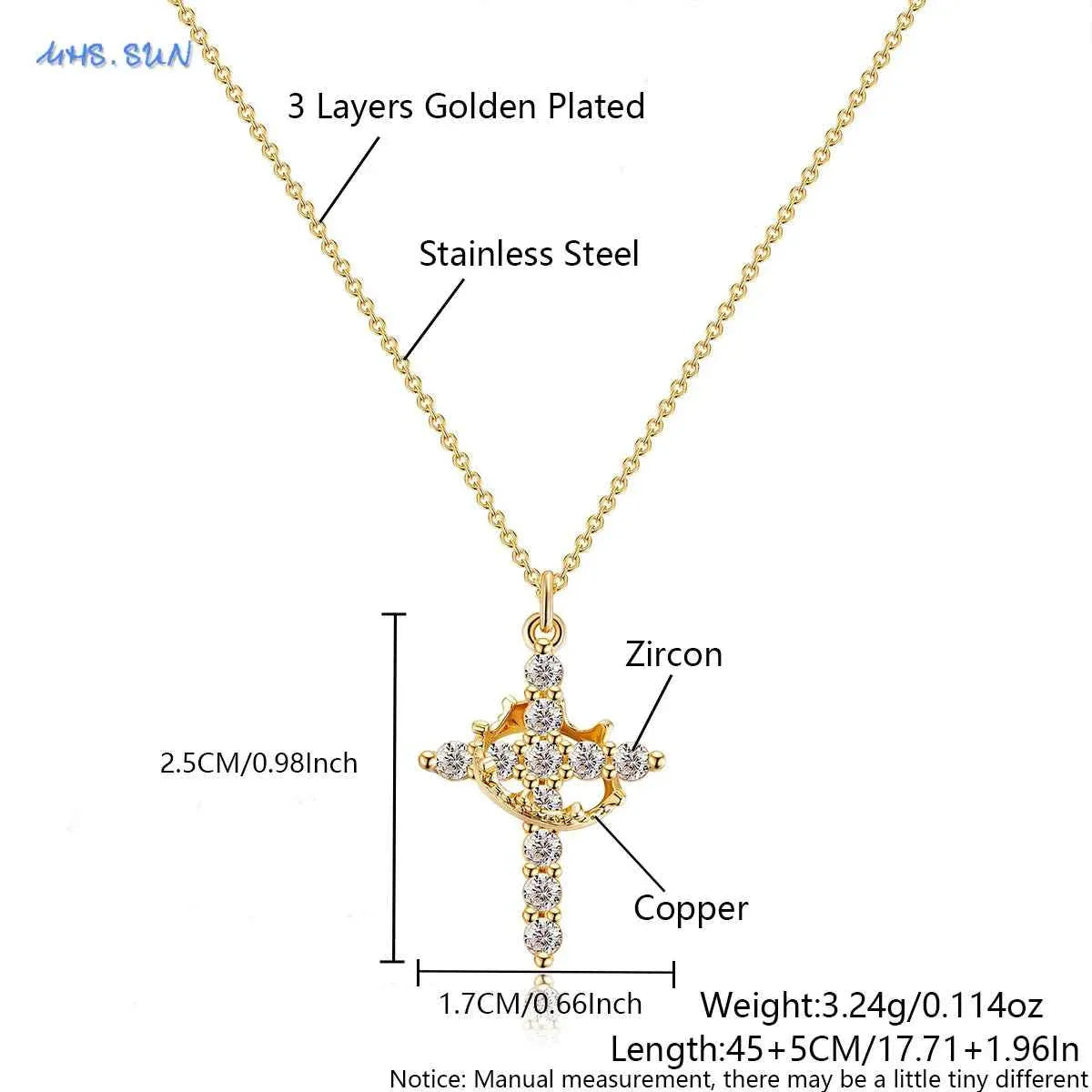 SUNSLL Cubic Zircon Rotatable Crown Cross Pendant Necklaces Classic Stainless Steel Chain Banquet Party Jewelry For Women Men
