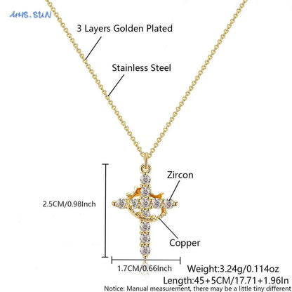 SUNSLL Cubic Zircon Rotatable Crown Cross Pendant Necklaces Classic Stainless Steel Chain Banquet Party Jewelry For Women Men