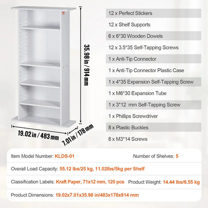 SucceBuy Media Storage Cabinet DVD Shelf Holds Adjustable CD Shelves 5/12/16/36 Compartments Protects and Organizes Music Movie