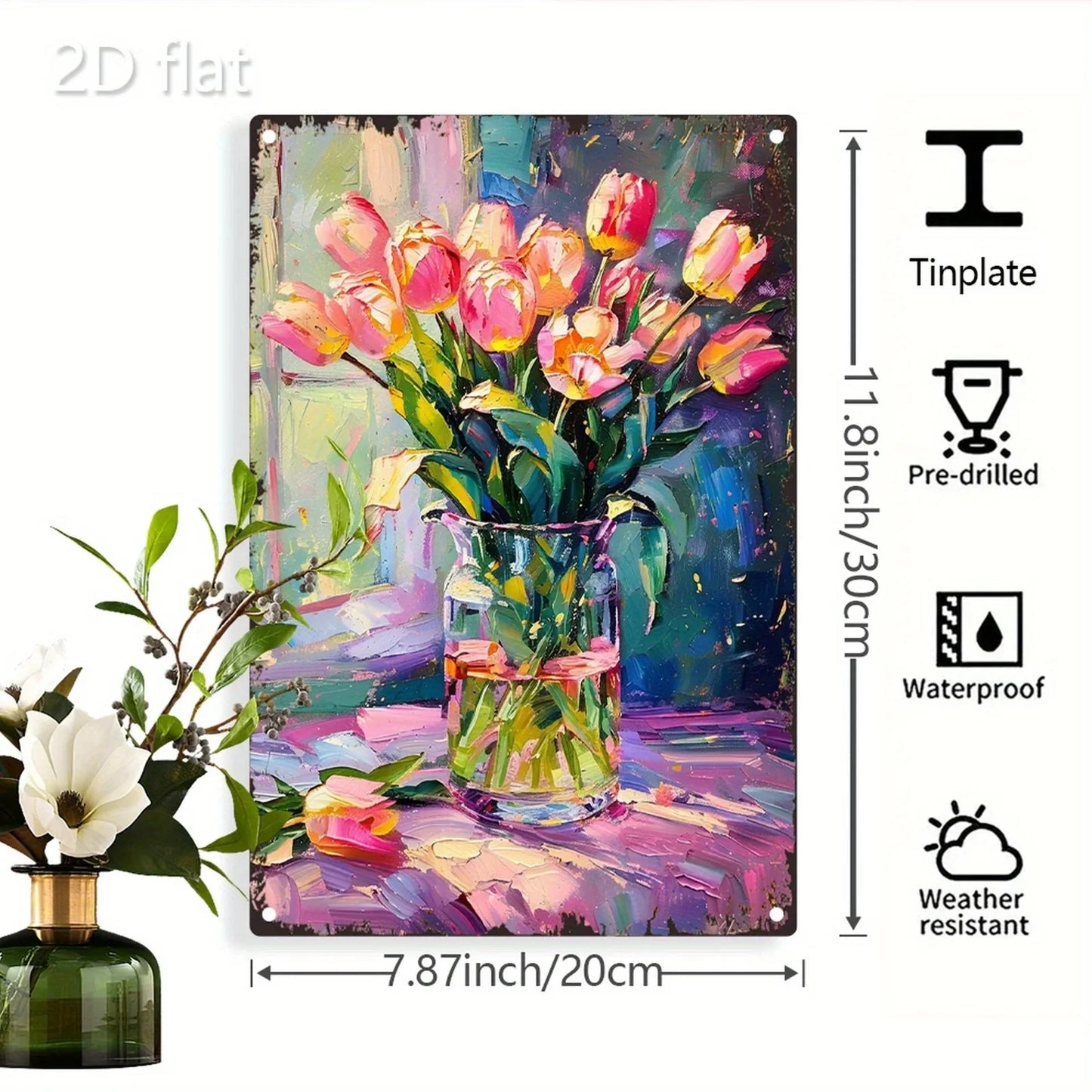 Vibrant Tulip Bouquet Metal Wall Art - 8x12 Inch 2D Design, Durable Iron Sign for Home, Garden & Office Decor