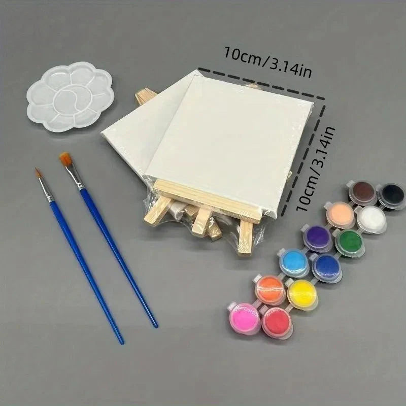 1 set of painting kit, 1 drawing board, 1 easel, 2 pens, 6 colors of paint, 1 palette, mini drawing board, acrylic paint