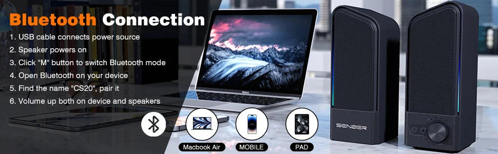 SENZER Computer Speakers-Gaming Speaker with Stereo Sound,PC Sound Bar for Laptop Desktop Monitor (Bluetooth & 3.5mm Aux)