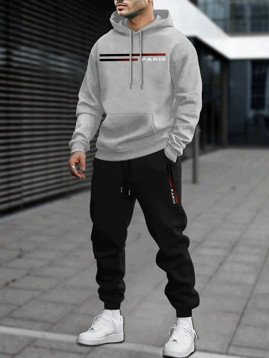 Men's Classic Personalized Fashion Paris Alphabet Stripe Printed Machine Washable Hooded Sweatshirt and Pants Casual Sports Set