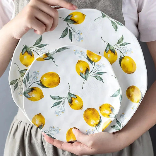 European Ceramic Plate Creative Rural Style Breakfast Bread Plate Hand Drawn Lemon Desktop Fruit Salad Plates Kitchen Tableware