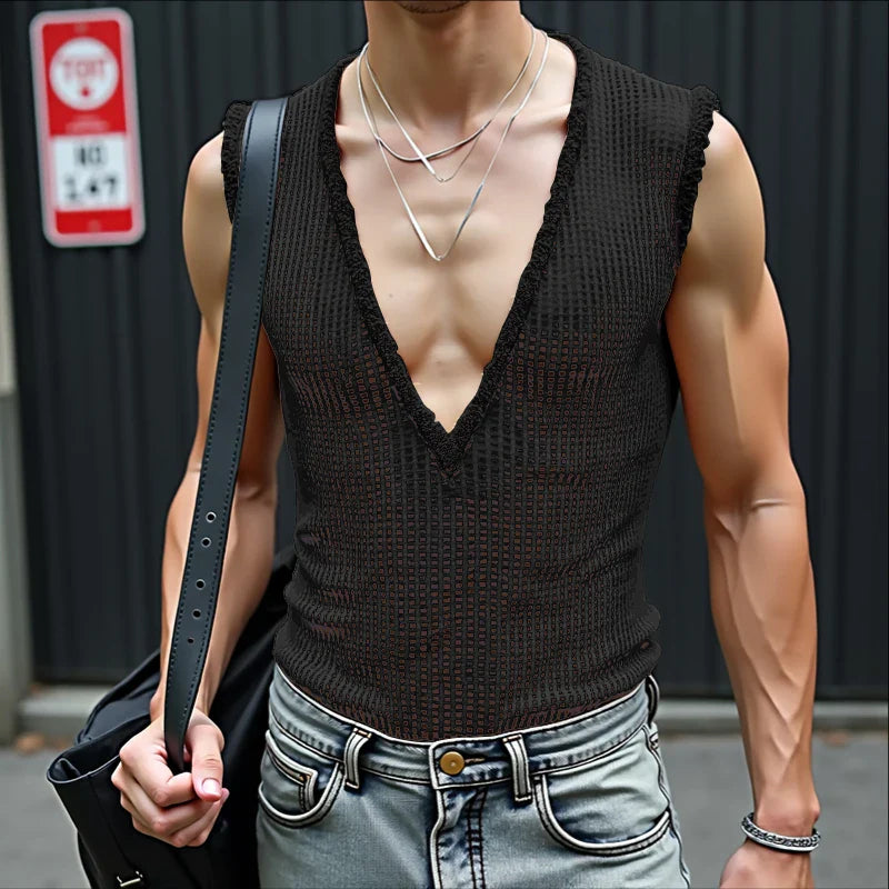INCERUN Men Tank Tops Hollow Out Mesh See Through Sexy Tassel Male Vests Summer 2025 Solid Color Fashion Streetwear Men Clothing