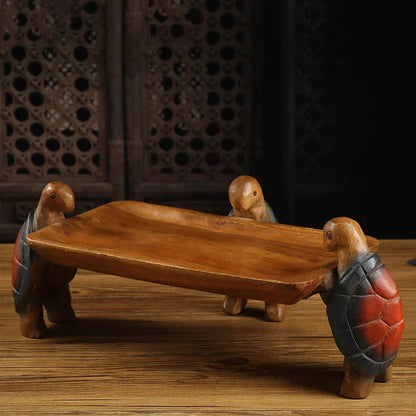 Solid Wood Fruit Plate for Home Living Room, Coffee Table Tray, Three Turtles Base Side Polished, Smooth Eco Friendly Wood Wax O
