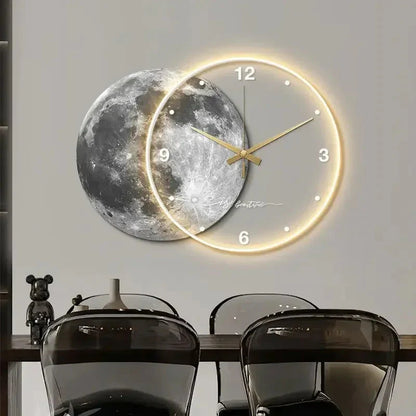 Large Wall Clock Luxury Dining Room Living Room Moon The Earth Modelling LED Light Silent Movement Bedroom Clock Wall Decoration
